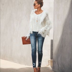 Vici white/ cream fringe cable knit sweater